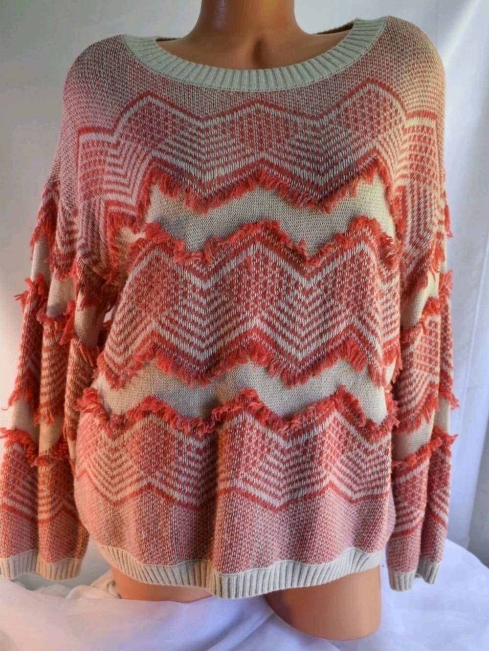 LOFT Coral & Cream Chevron Fringe Crewneck Sweater